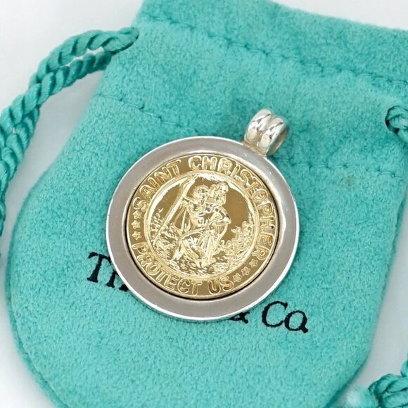 Tiffany & Co. Saint Christopher Coin Pendant Top Charm SV925 & 18k Gold 750 Auth